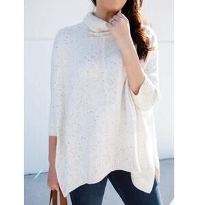 LOFT Flecked Turtleneck Poncho Knit Sweater Womens Oversize Large Neutral Layer